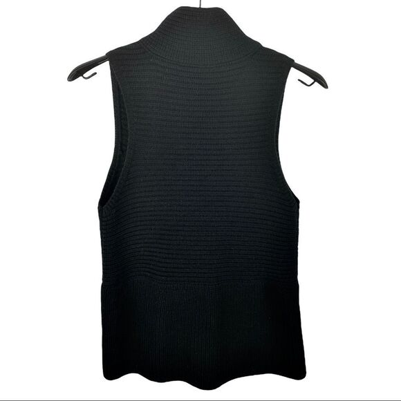 EILEEN Fisher Black Ribbed Merino Zip Front Vest w/ Patka Trim Size XS - Picture 2 of 5